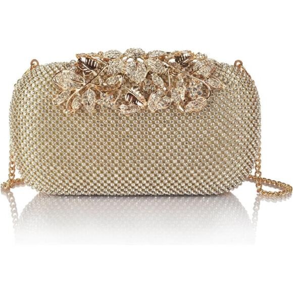 Crystal Evening Bag Rhinestone Formal Clutch Gold - Picture 1 of 6